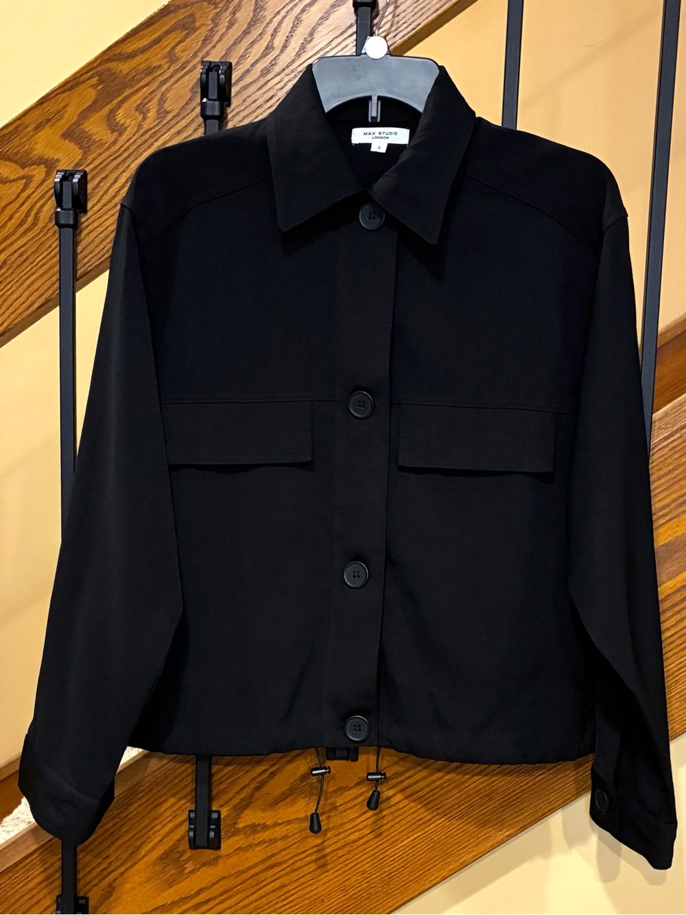 Max Studio Jacket Large Button Front Drawstring Bottom Pockets Black SZ. Sm